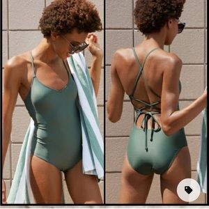 Aerie Strappy Back One Piece Swimsuit - Size S LONG. Olive Fun color